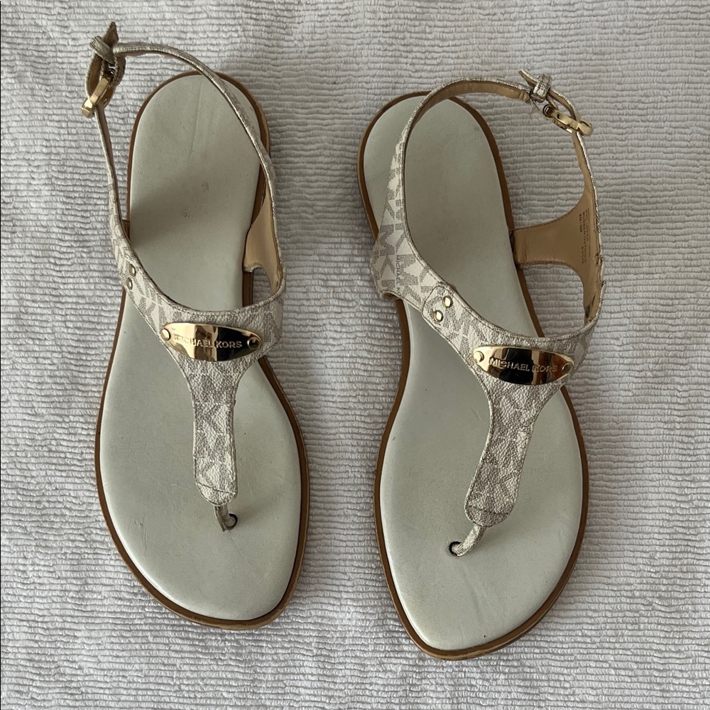 Michael Kors Cream Signature Monogram T-Strap Sandals with Gold Accents size 8M